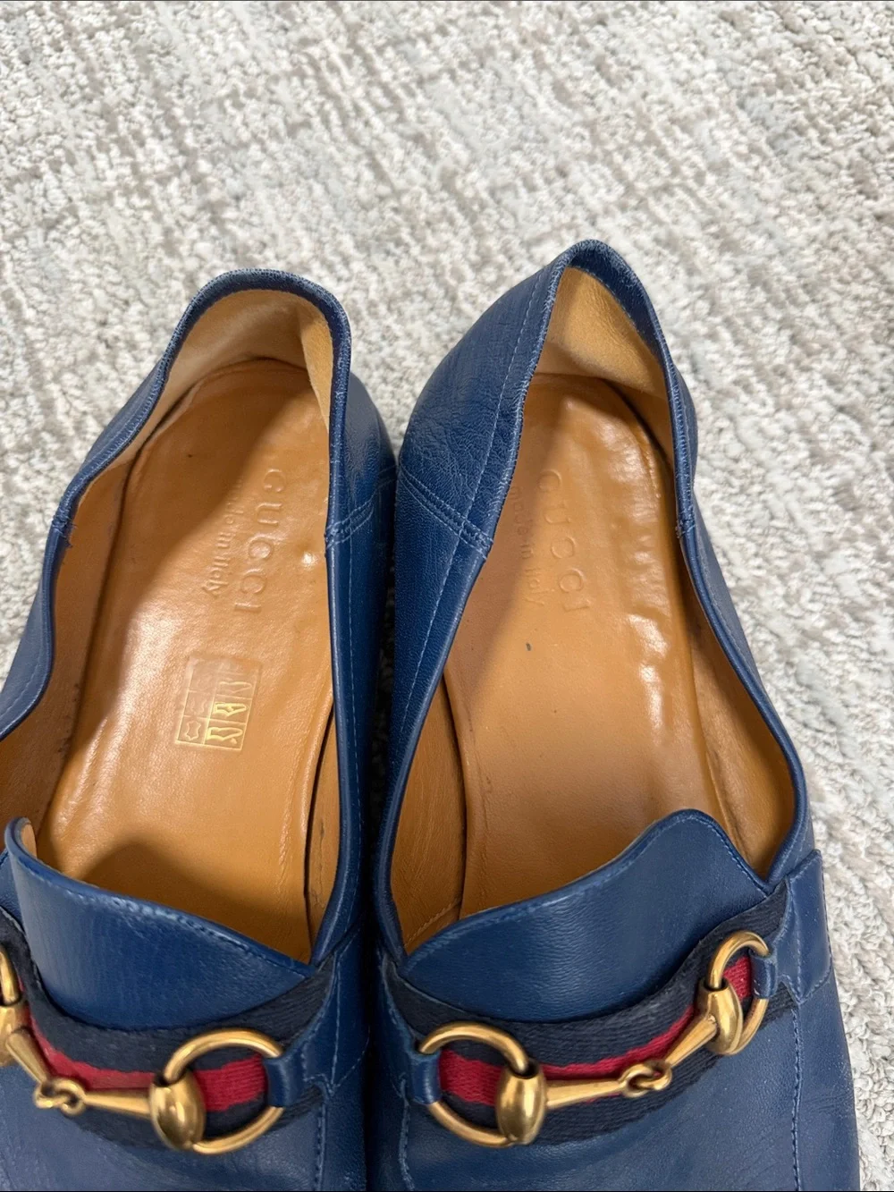 Gucci Navy Leather Slip-On Loafers with Gold Horsebit and Red/Green Webbing